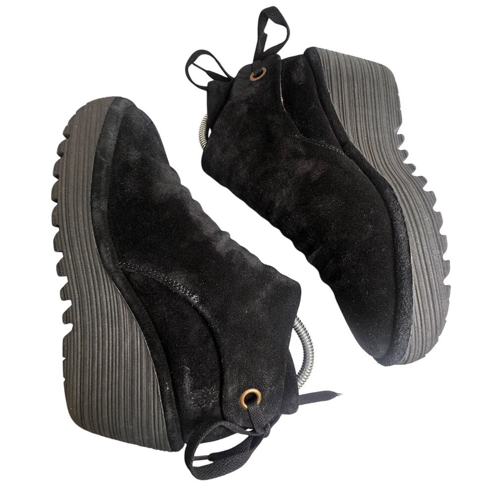 Fly London Yama Suede Wedge Boots Black Leather‎ Ankle Tie Gothic Grunge EU 38